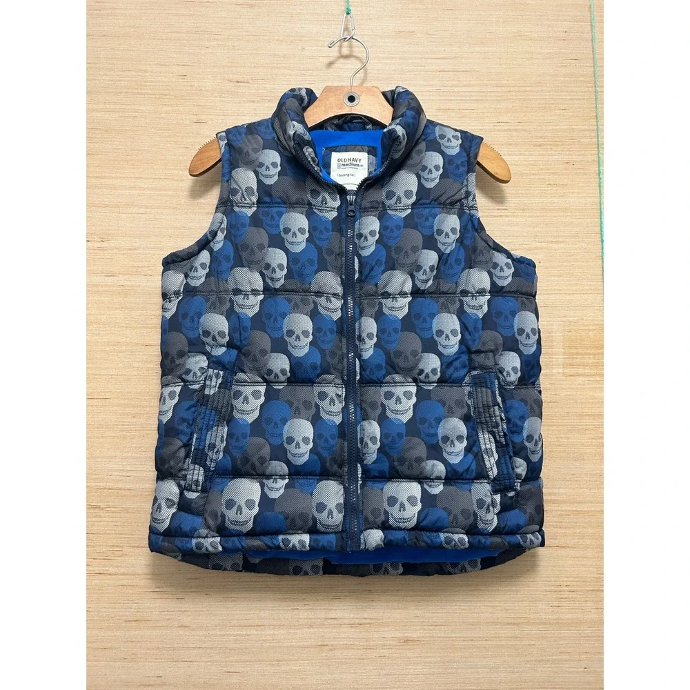 Old Navy Boys Medium 8 Skull Print Puffer Vest Blue Fleece Lined Zip Up‎ 3290